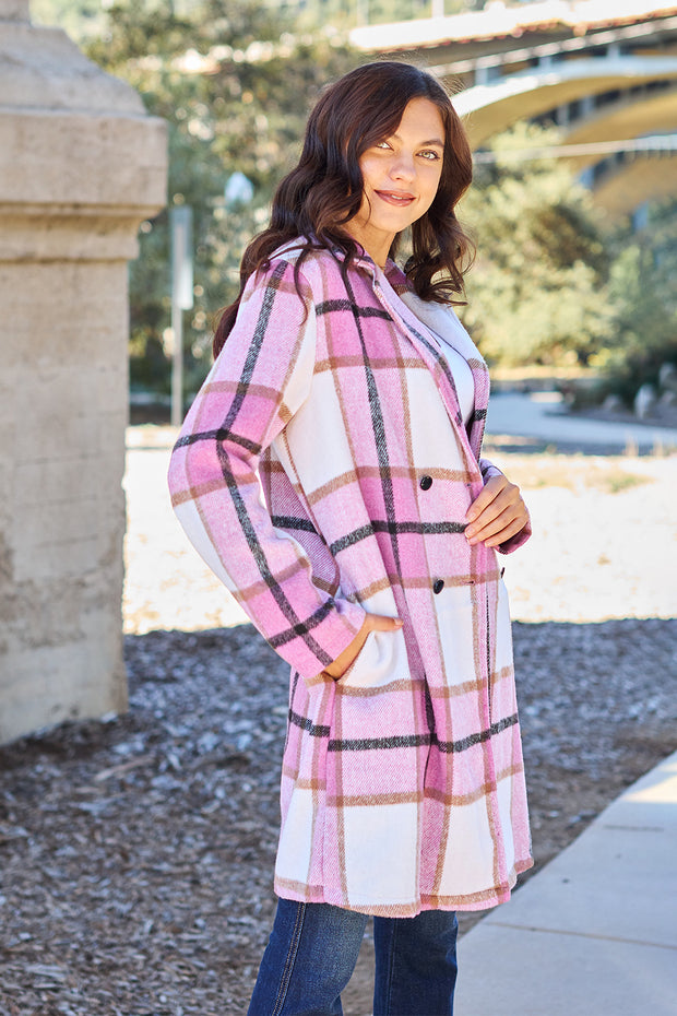 Full Size Plaid Button Up Lapel Collar Coat