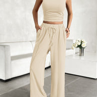 Devine Mock Neck Sleeveless Top and Drawstring Pants Set