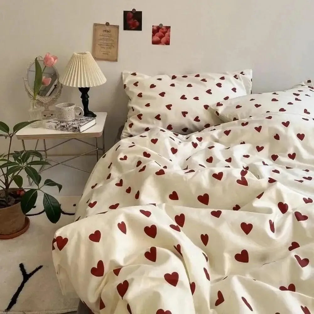 Korean Style Bedding Set Kid Adult Twin Full Queen Size Bed Flat Sheet Love Heart Duvet Cover Set Pillowcase Bed Linen No Filler