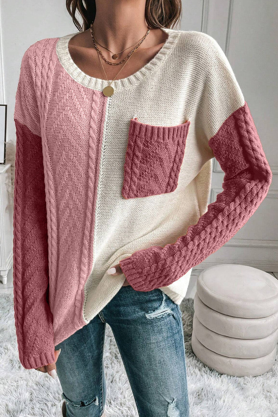 Color block round neck long sleeve sweater with pocket, pink and cream tones.