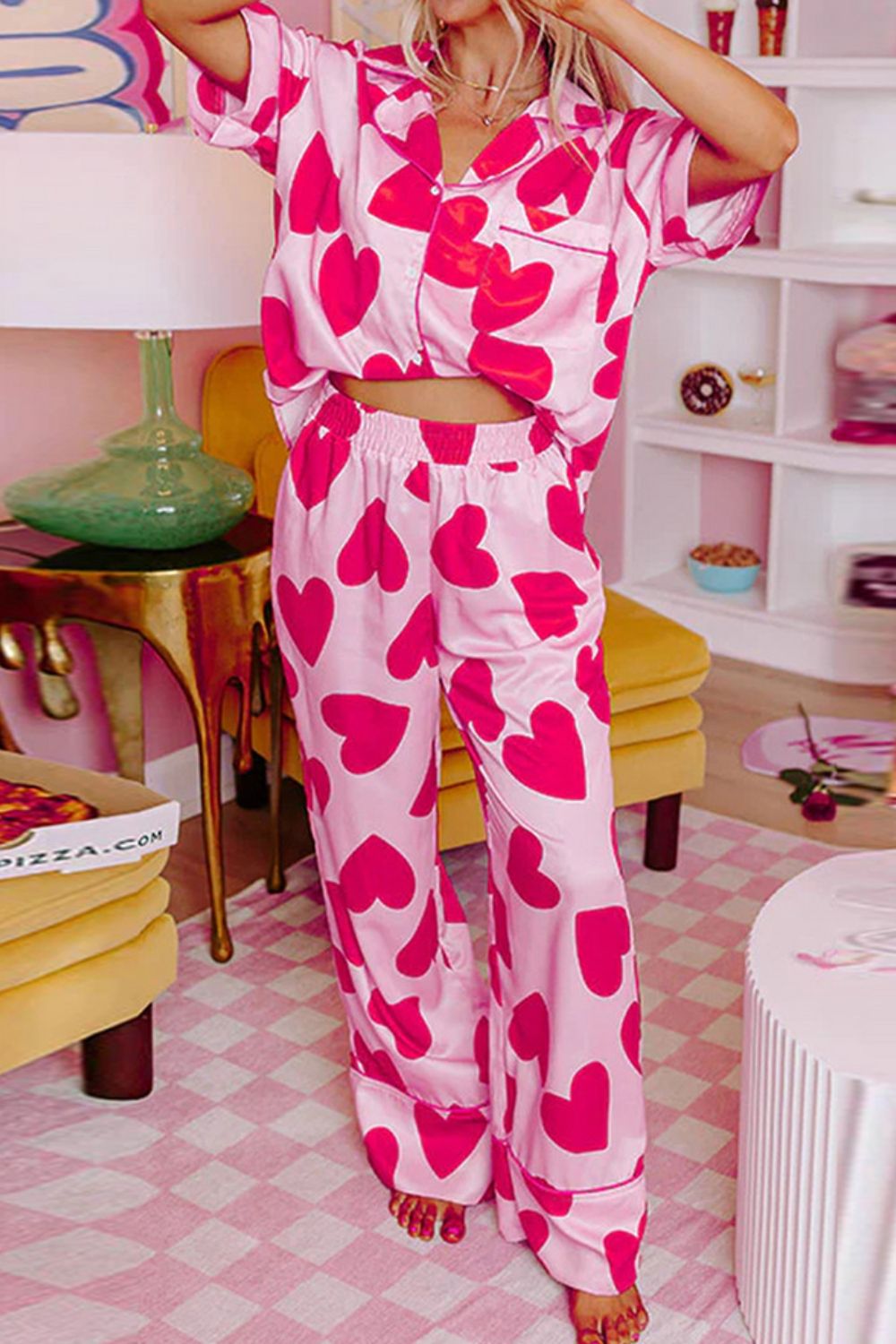 Heart Collared Neck Short Sleeve Top and Pants Lounge Set with pink heart pattern.