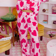 Heart Collared Neck Short Sleeve Top and Pants Lounge Set with pink heart pattern.