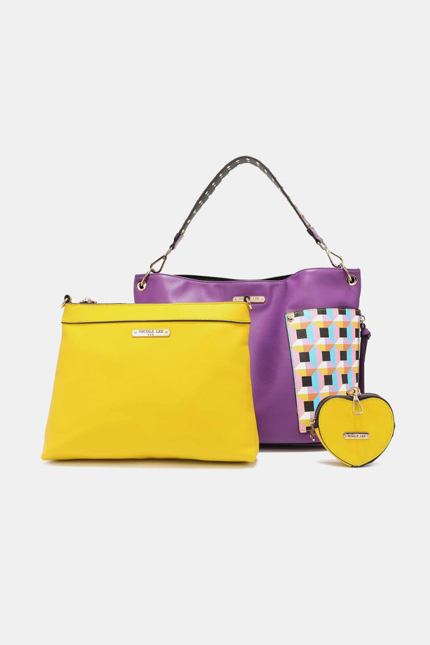 Nicole Lee USA Quihn 3-Piece Handbag Set with Large Shoulder Bag, Solid Bag, and Heart Coin Pouch in vibrant colors.