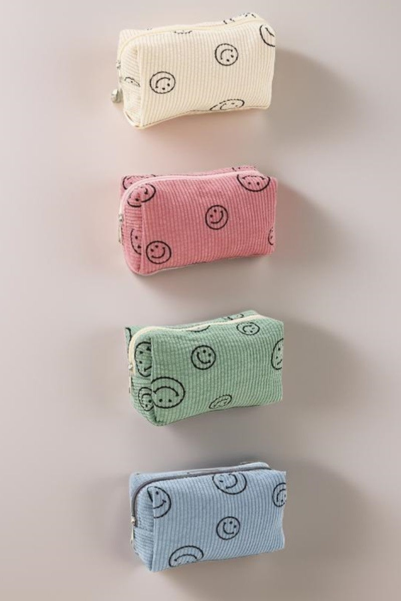 Zenana Smiley Face Corduroy Cosmetic Pouch in assorted colors with embroidered smiley face design.