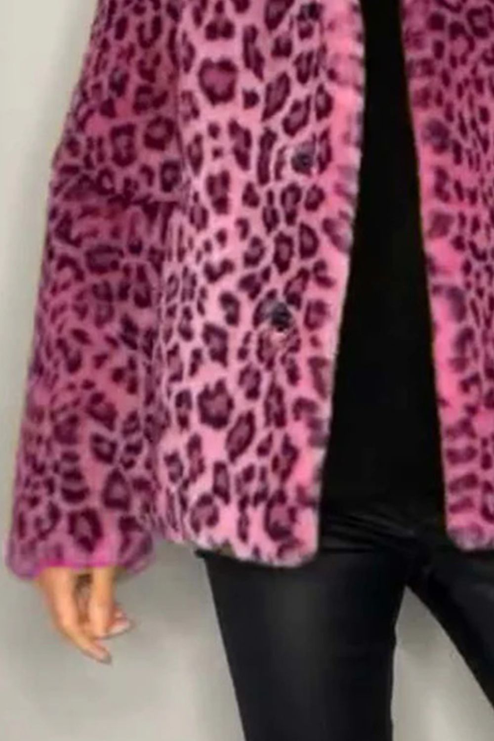 Full size leopard furry collared neck long sleeve coat in pink.