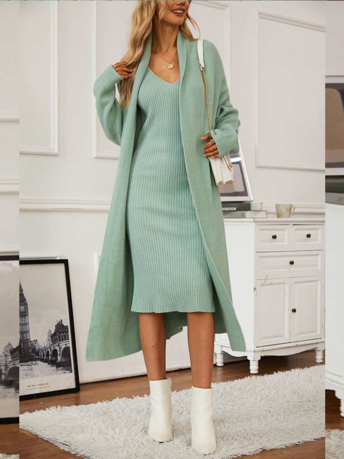 V-Neck Cami Dress and Open Front Cardigan Sweater Set in light green featuring a basic style and moderate stretch, made from 100% acrylic.