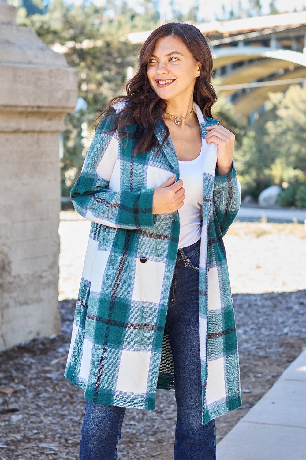 Full Size Plaid Button Up Lapel Collar Coat