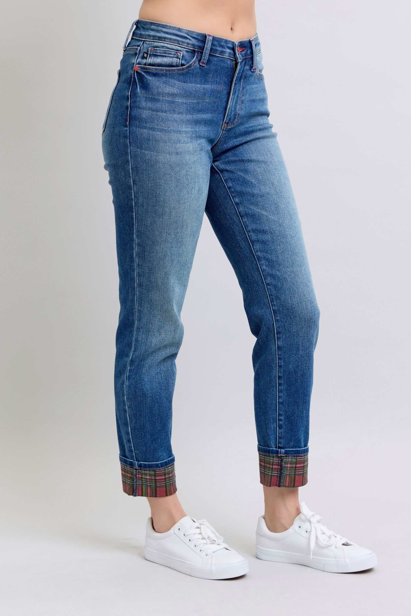 Judy Blue full size plaid print cuff straight leg jeans with pockets.