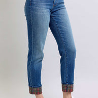 Judy Blue full size plaid print cuff straight leg jeans with pockets.