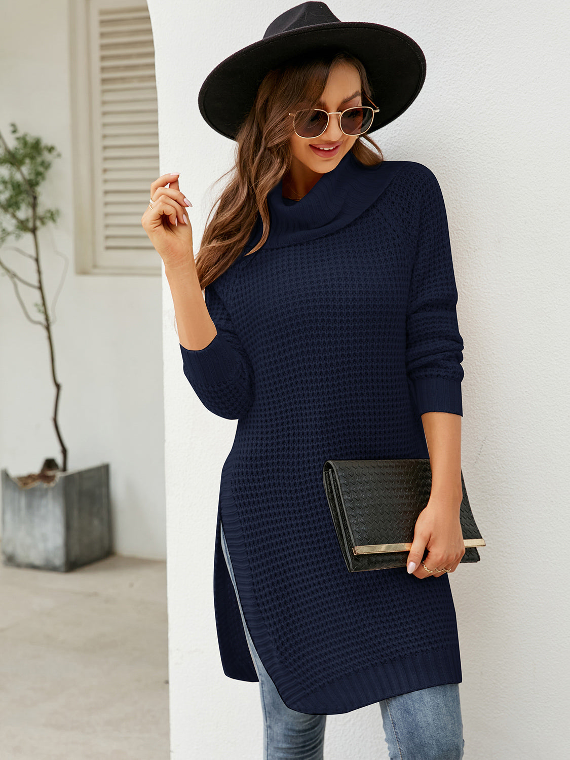 Turtleneck waffle-knit slit sweater dress in navy blue, acrylic, slightly stretchy.