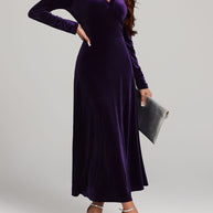 V-Neck Long Sleeve Velvet Dress