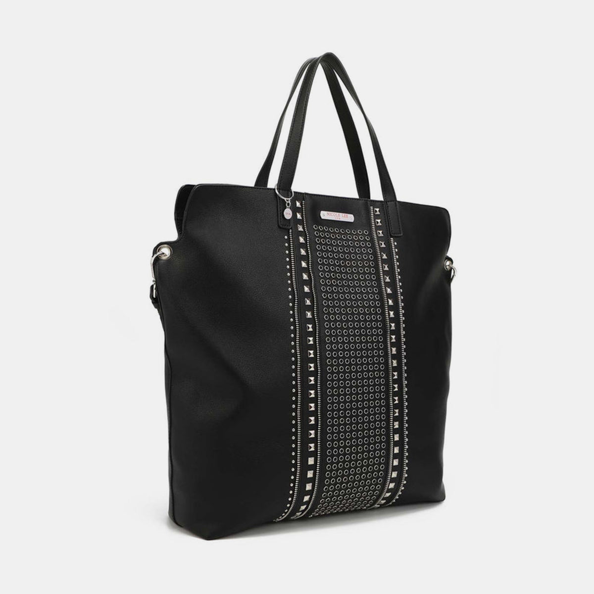 Nicole Lee USA studded large tote bag in vegan leather with extra-large size and dual top handles.