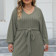 Plus Size Ribbed Tie Front Long Sleeve Sweater Dress