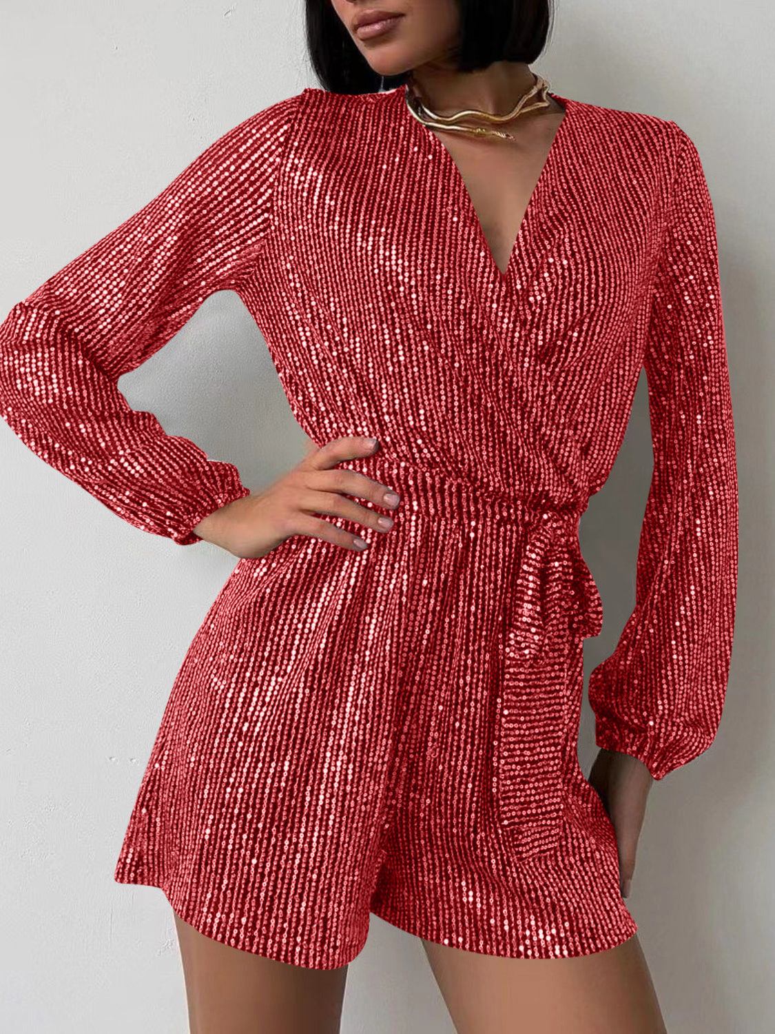 Full Size Sequin Surplice Tie Waist Long Sleeve Romper