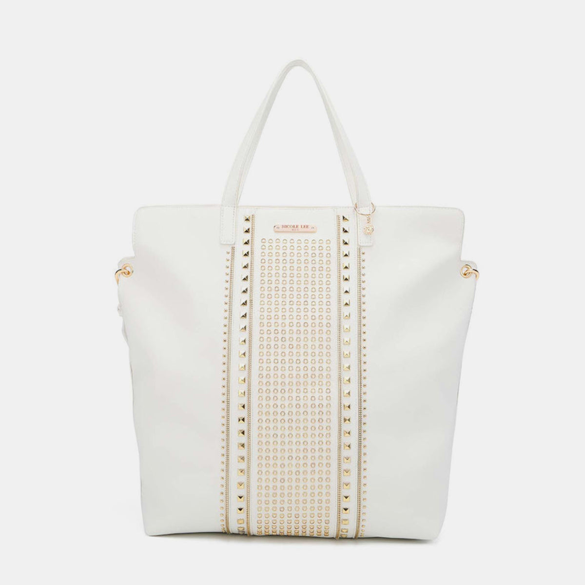 Nicole Lee USA studded large tote bag in vegan leather with top handles, pebbled exterior, and adjustable shoulder strap.