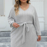 Plus Size Ribbed Tie Front Long Sleeve Sweater Dress