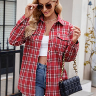 Mandy plaid button-up long sleeve shirt in red with buttoned front and pockets.