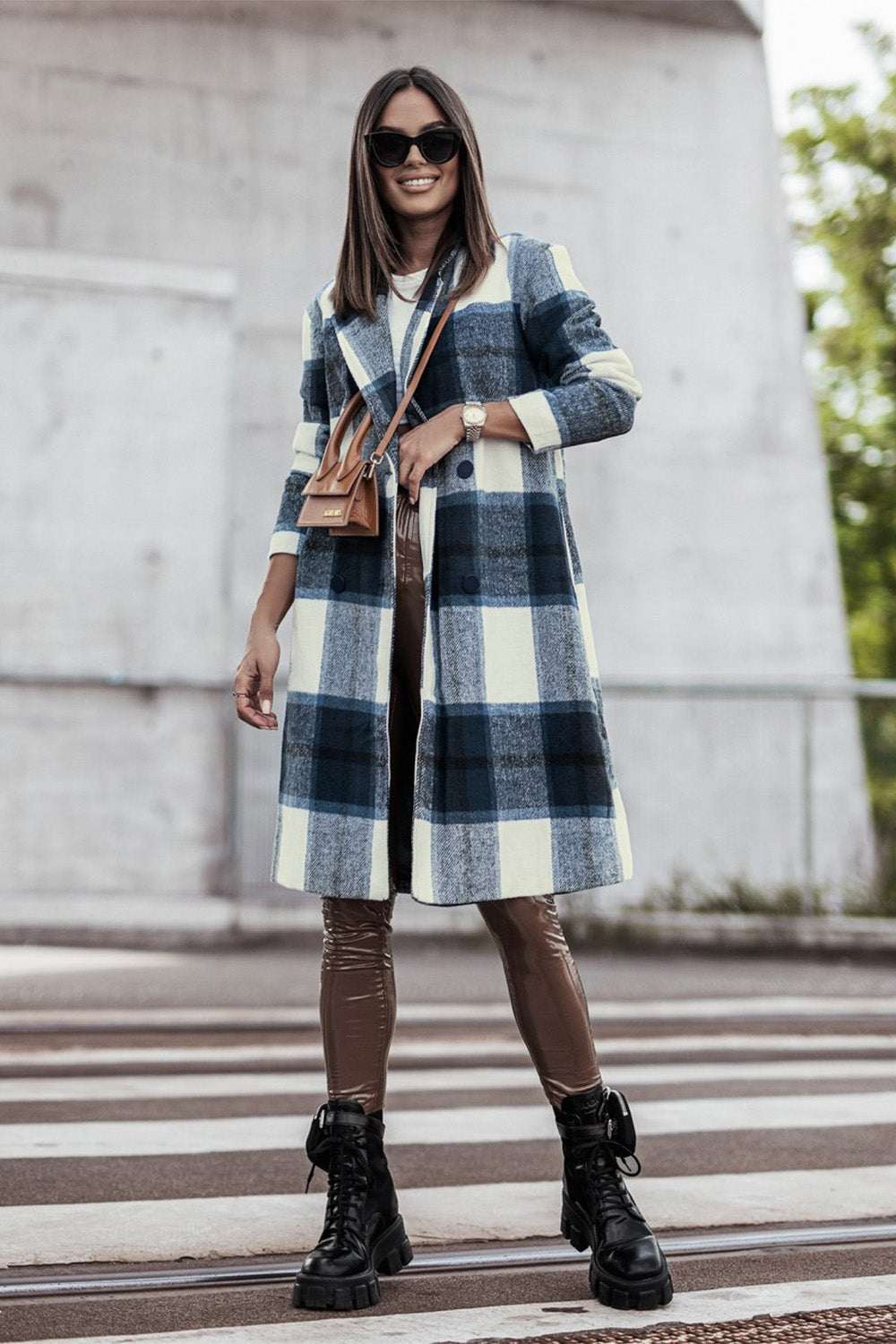 Full Size Plaid Button Up Lapel Collar Coat