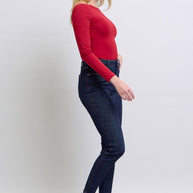 Judy Blue high-rise skinny jeans with heart-shaped back pockets, featuring a flattering and playful design, moderate stretch, and a versatile fit for various occasions.