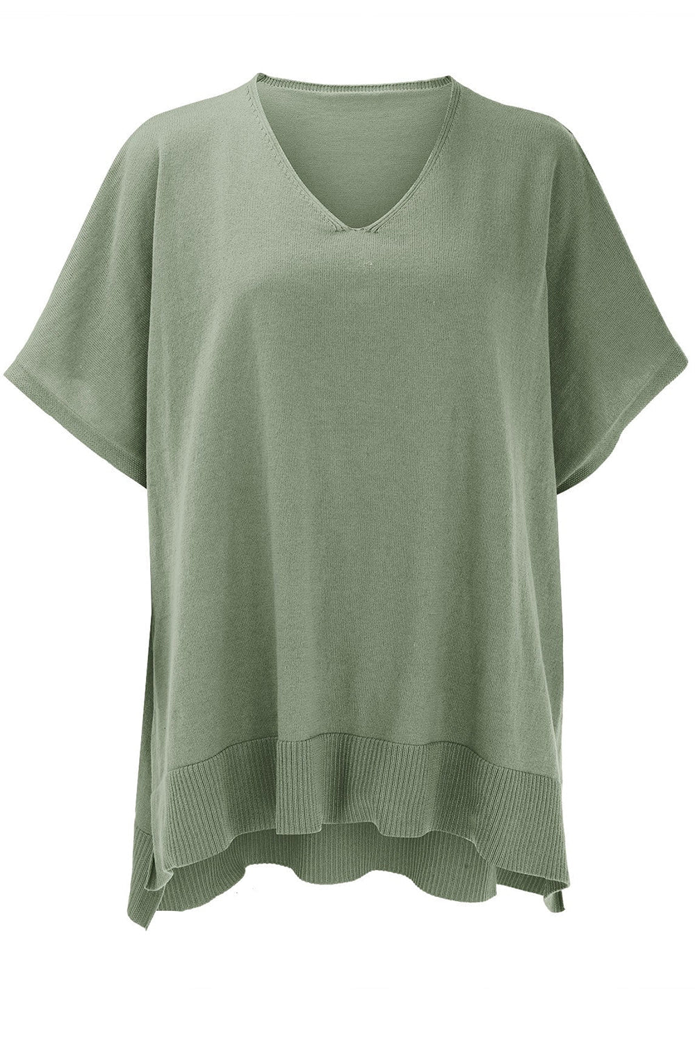 Slit V-Neck Half Sleeve Knit Top in green, slightly stretchy fabric