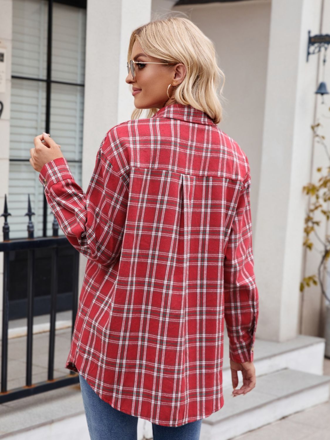 Red plaid button up long sleeve shirt with pockets, 100% polyester, opaque, no stretch.