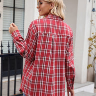 Red plaid button up long sleeve shirt with pockets, 100% polyester, opaque, no stretch.