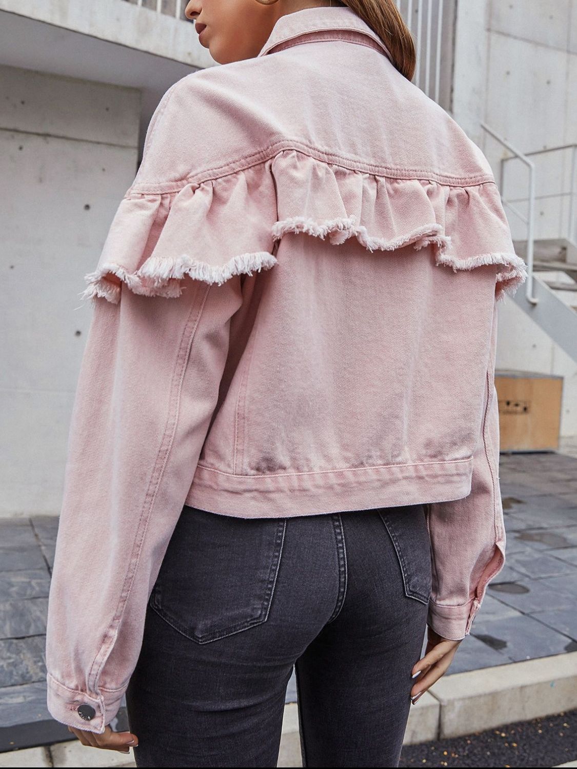 Ruffled collared neck long sleeve denim jacket in pink, featuring buttoned details and no stretch.