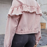 Ruffled collared neck long sleeve denim jacket in pink, featuring buttoned details and no stretch.