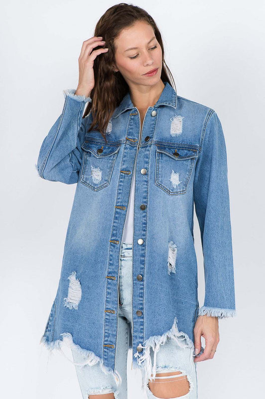 Distressed Frayed Hem Denim Jacket