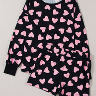 Heart print long sleeve top and shorts lounge set, black and pink.