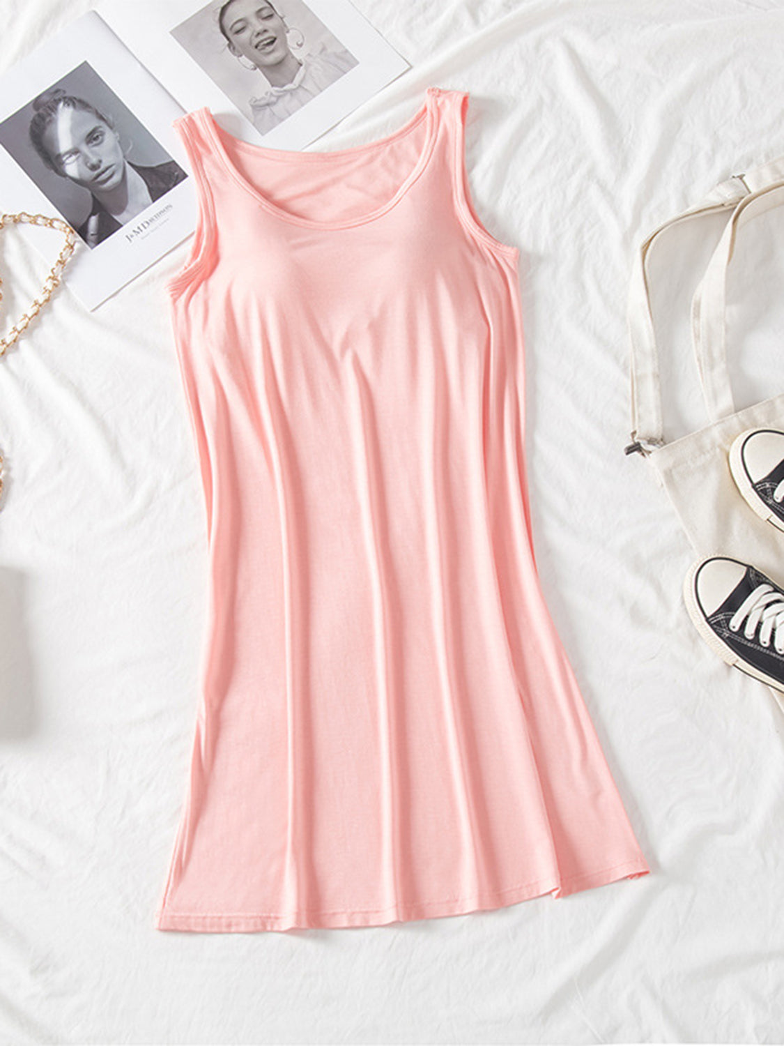 Round Neck Wide Strap Mini Tank Dress in light pink, viscose-spandex blend, laid flat on a white background.