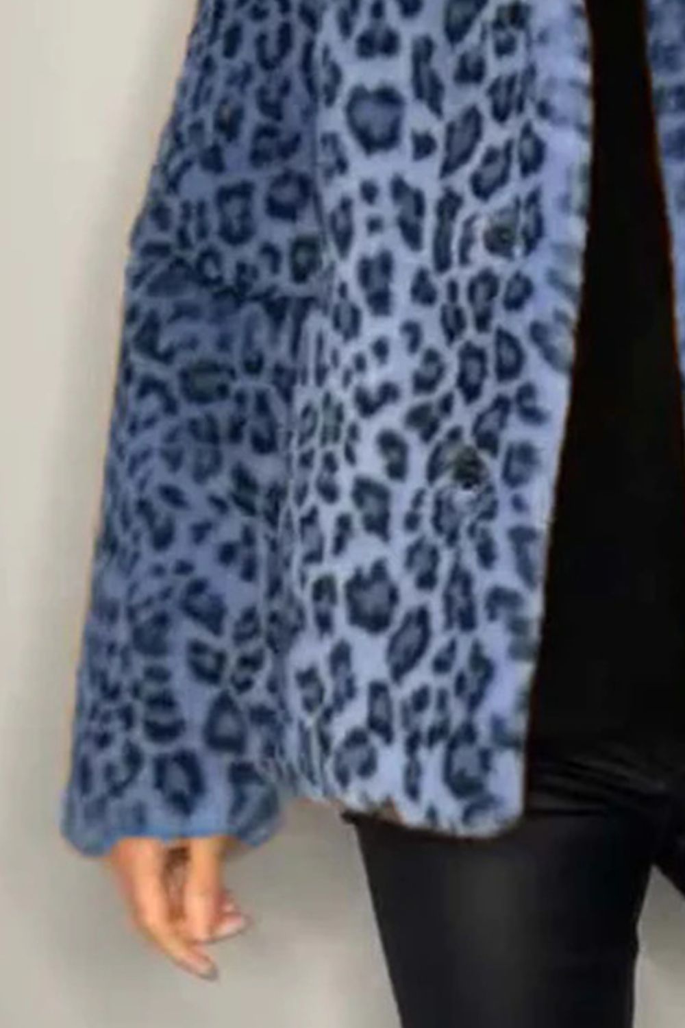 Full size leopard print furry collared neck long sleeve coat in blue.