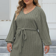 Plus Size Ribbed Tie Front Long Sleeve Sweater Dress