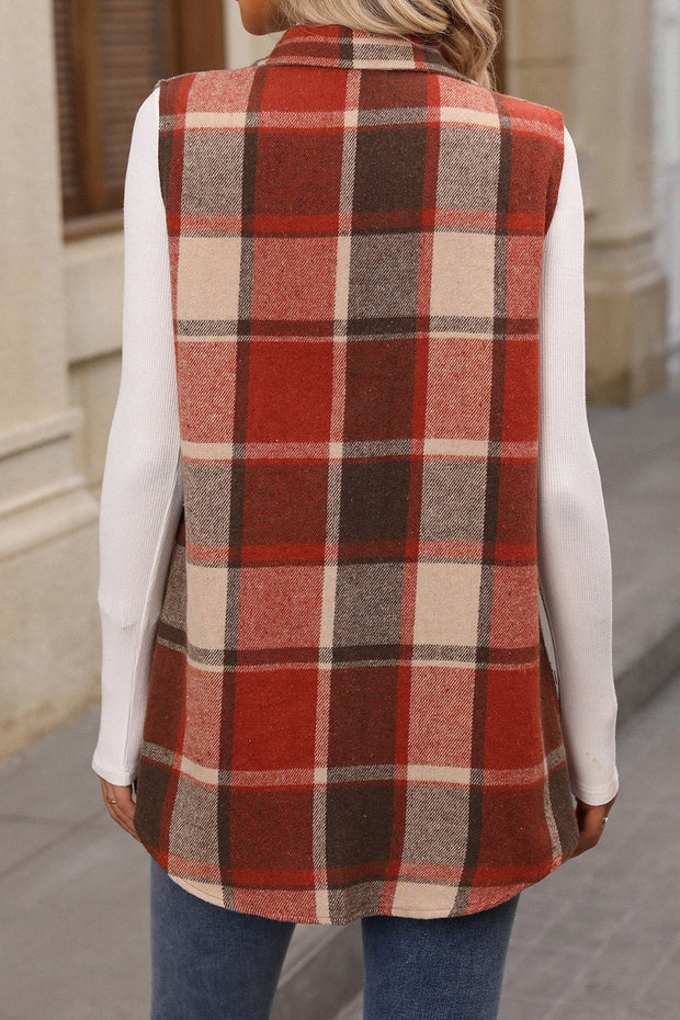 Plaid button-up vest coat, 100% polyester, normal thickness.