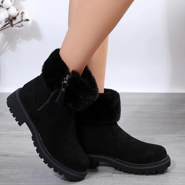 Suede faux fur boots with side zipper, low heels, women's footwear.