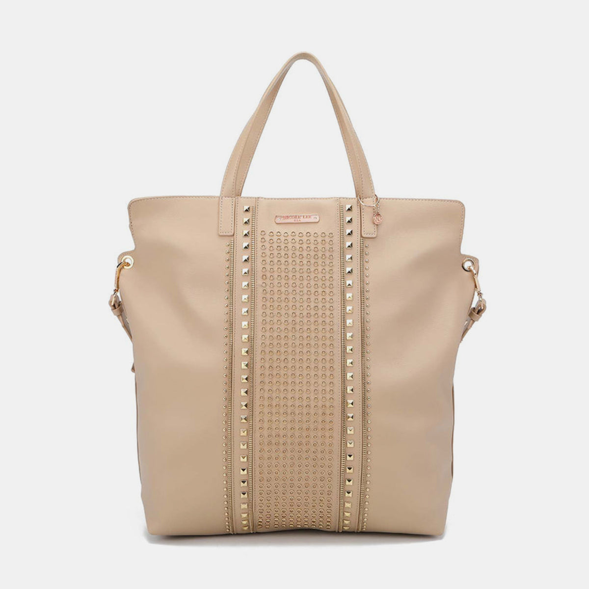 Nicole Lee USA Studded Large Tote Bag in vegan leather with studded detailing and dual top handles.