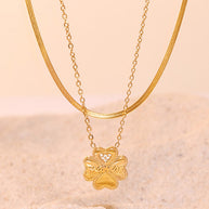 2 Piece 18K Gold-Plated Inlaid Zircon Lucky Clover Necklace