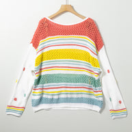 Hollow Striped Color Block Round Neck Sweater