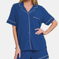 Zenana Button Down Short Sleeve Top and Shorts Lounge Set