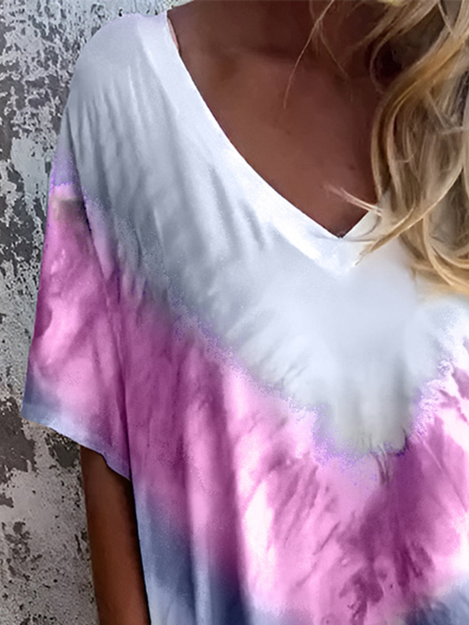 Full size pocketed tie-dye short sleeve dress with pink and white gradient design.