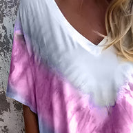 Full size pocketed tie-dye short sleeve dress with pink and white gradient design.