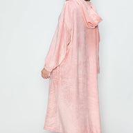 Full size pocketed hooded midi lounge dress in pink, slightly stretchy and opaque.