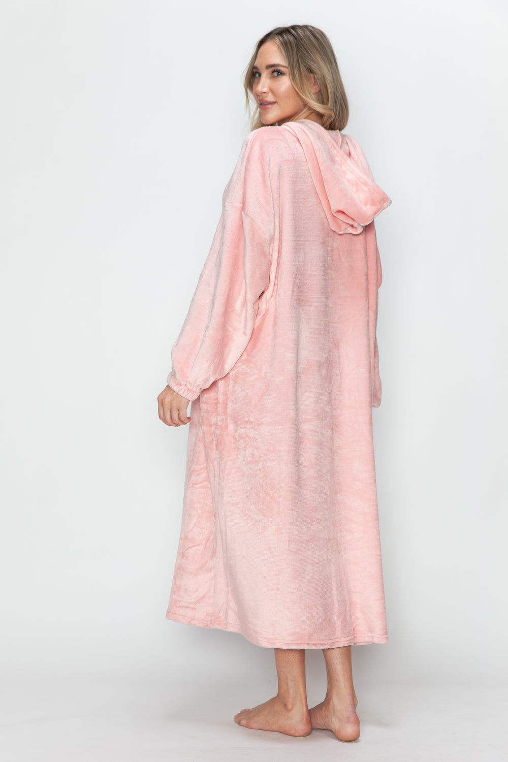 Full size pocketed hooded midi lounge dress in pink, slightly stretchy and opaque.