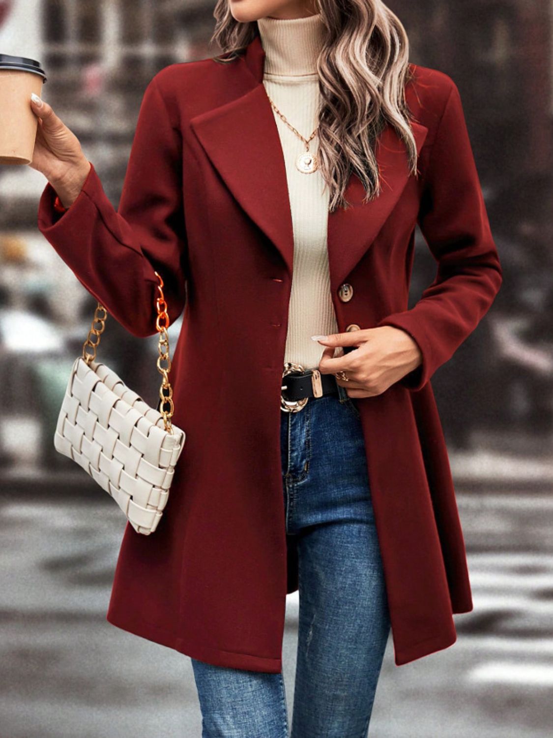 Collared neck button up long sleeve coat with stylish design and comfortable fit.