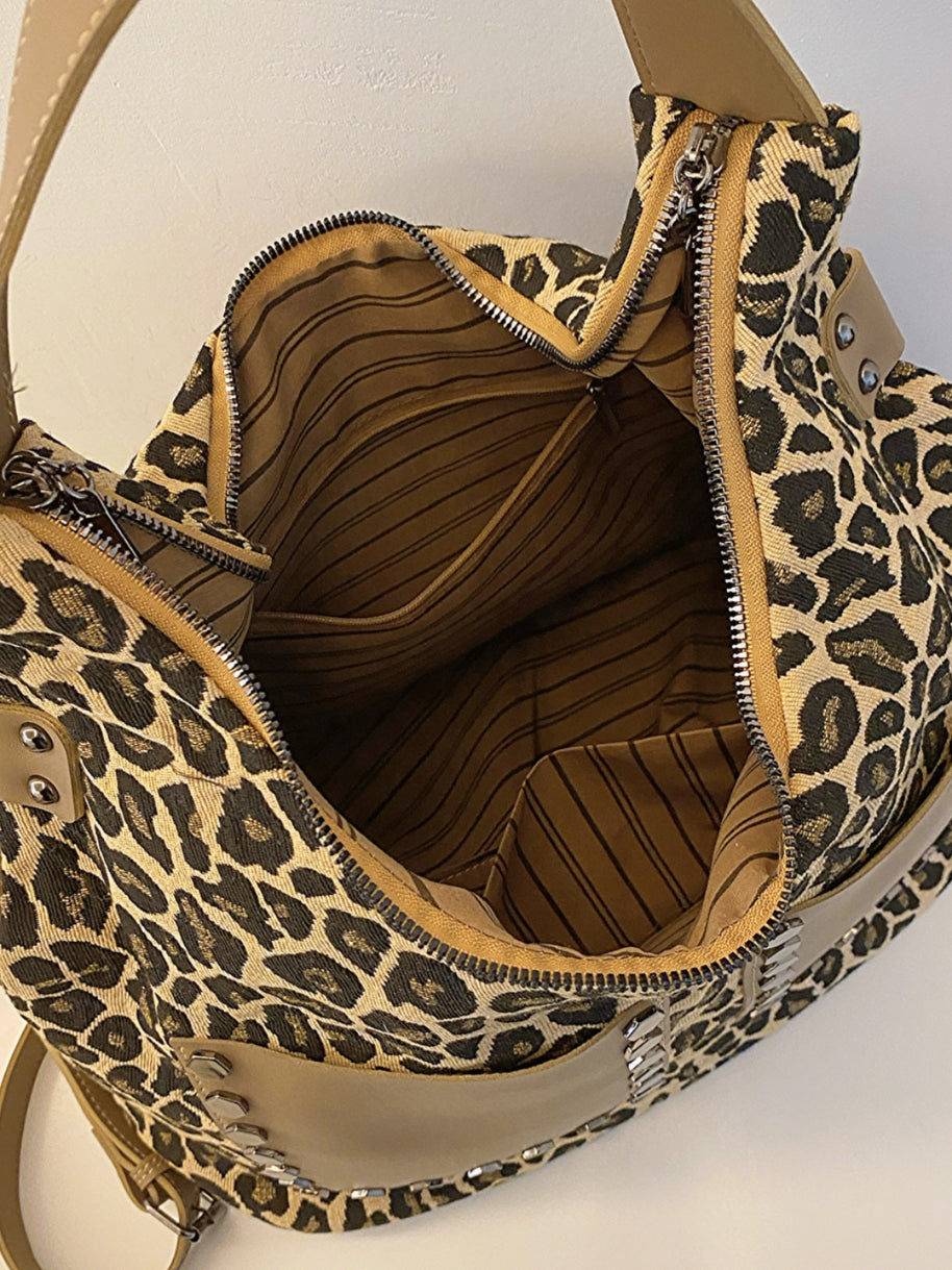 Leopard Polyester Shoulder Bag with Zippers