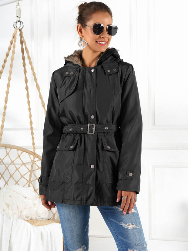 Ivy Lane Full Size Hooded Jacket with belt, black color, three-way wear.