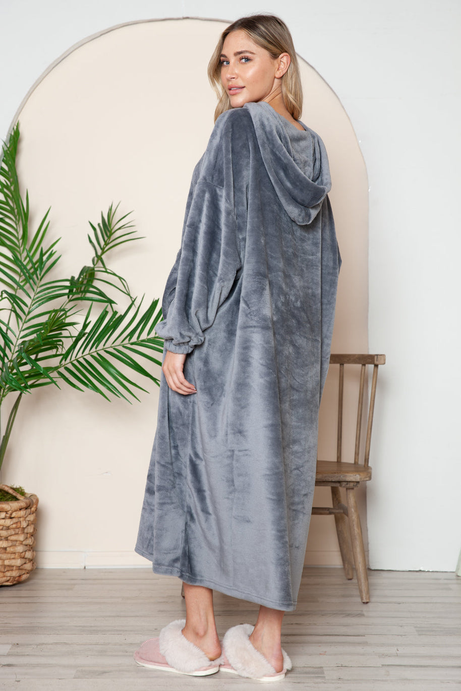 Full size pocketed hooded midi lounge dress in grey, featuring a cozy and opaque design with slight stretch.