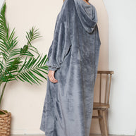 Full size pocketed hooded midi lounge dress in grey, featuring a cozy and opaque design with slight stretch.