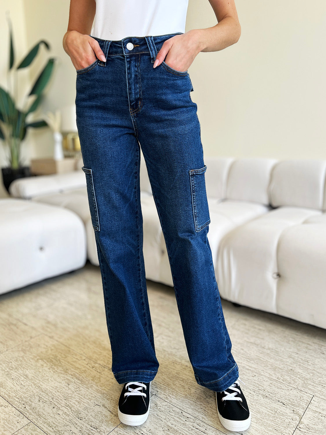 Judy Blue Full Size High Waist Cargo Jeans with pockets, slightly stretchy denim.