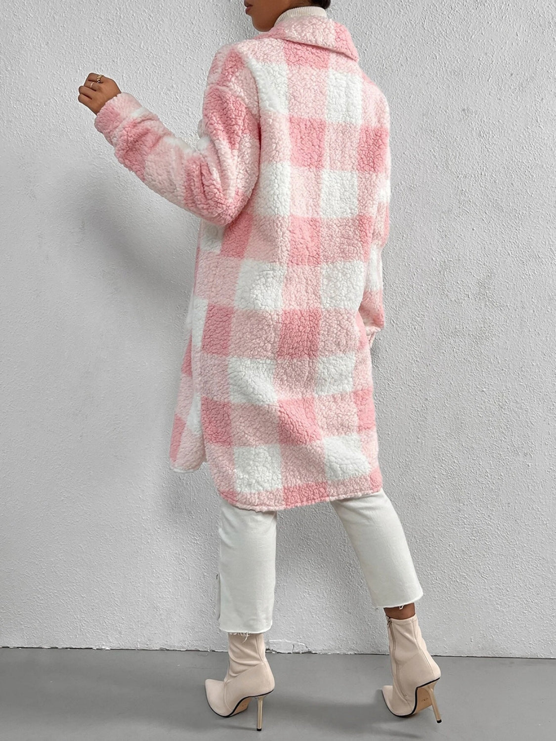 Plaid collared neck button down coat, pink and white, long sleeve, 100% polyester.